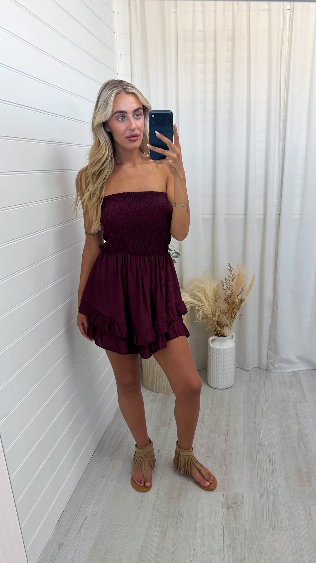 Shirred Bardot Frill Playsuit - WINE