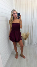 Shirred Bardot Frill Playsuit - WINE