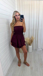 Shirred Bardot Frill Playsuit - WINE