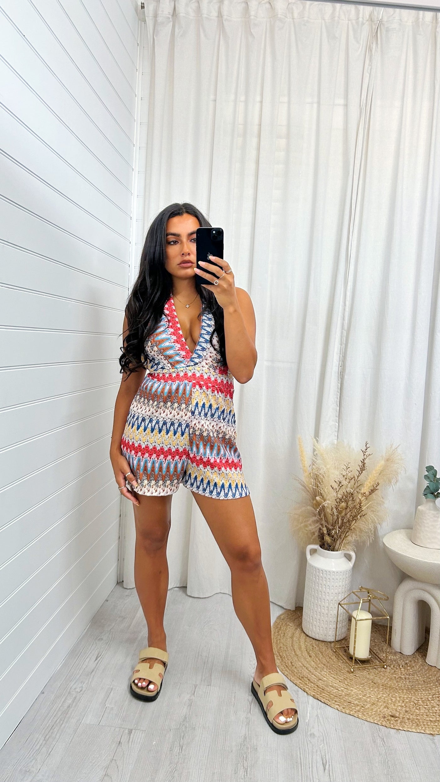 Aztec Halter Neck Playsuit - RED/BROWN