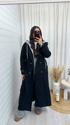 Long Length Insert Hooded Rain Mac - BLACK