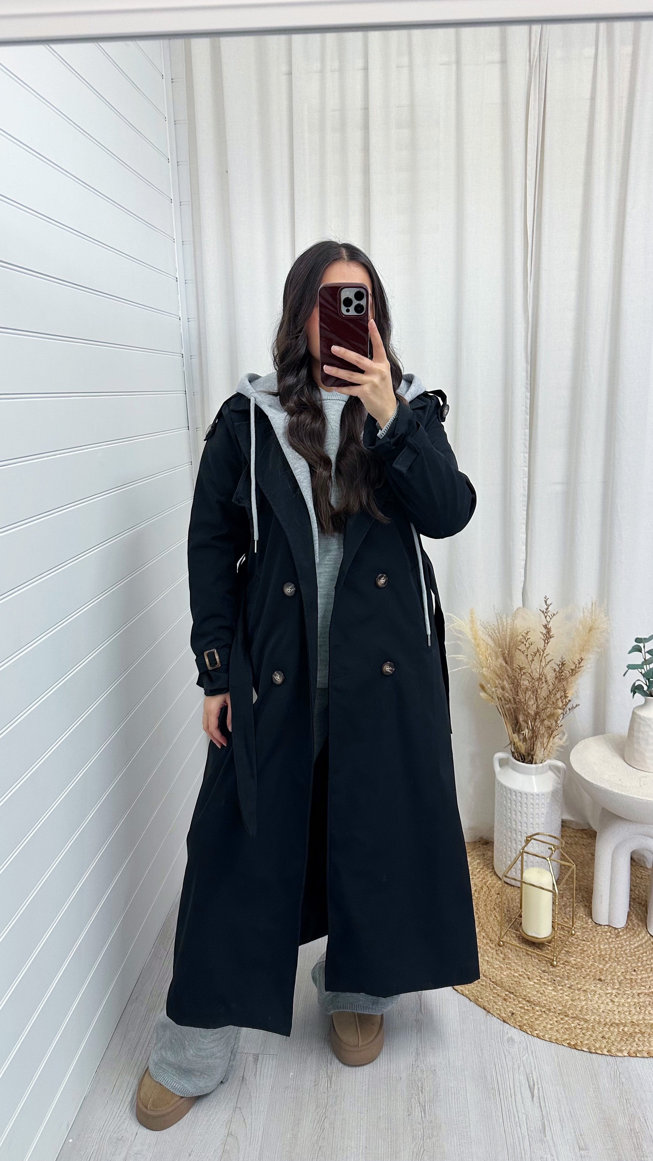 Long Length Insert Hooded Rain Mac - BLACK