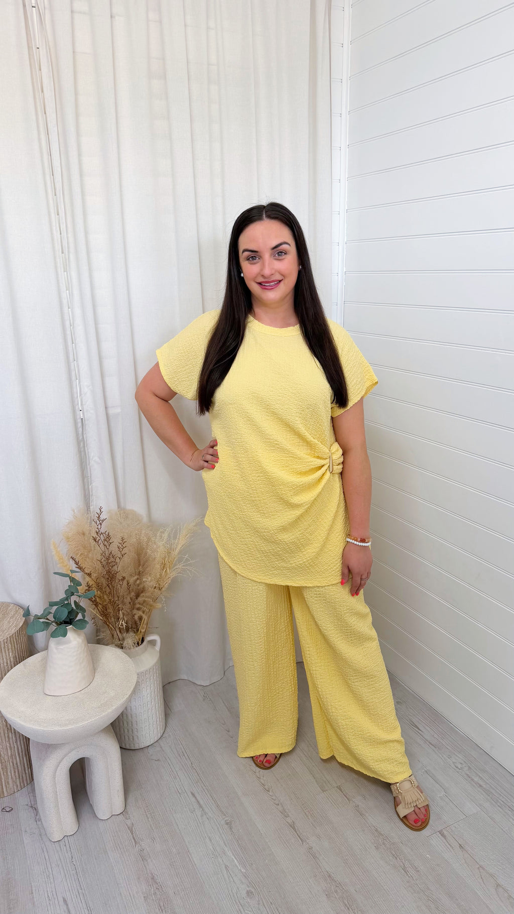 Gold Clasp Ruched Top and Wide Leg Trousers Co-Ord - LEMON
