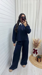 Contrast Collared Shirt and Wide Leg Joggers Co-Ord - NAVY