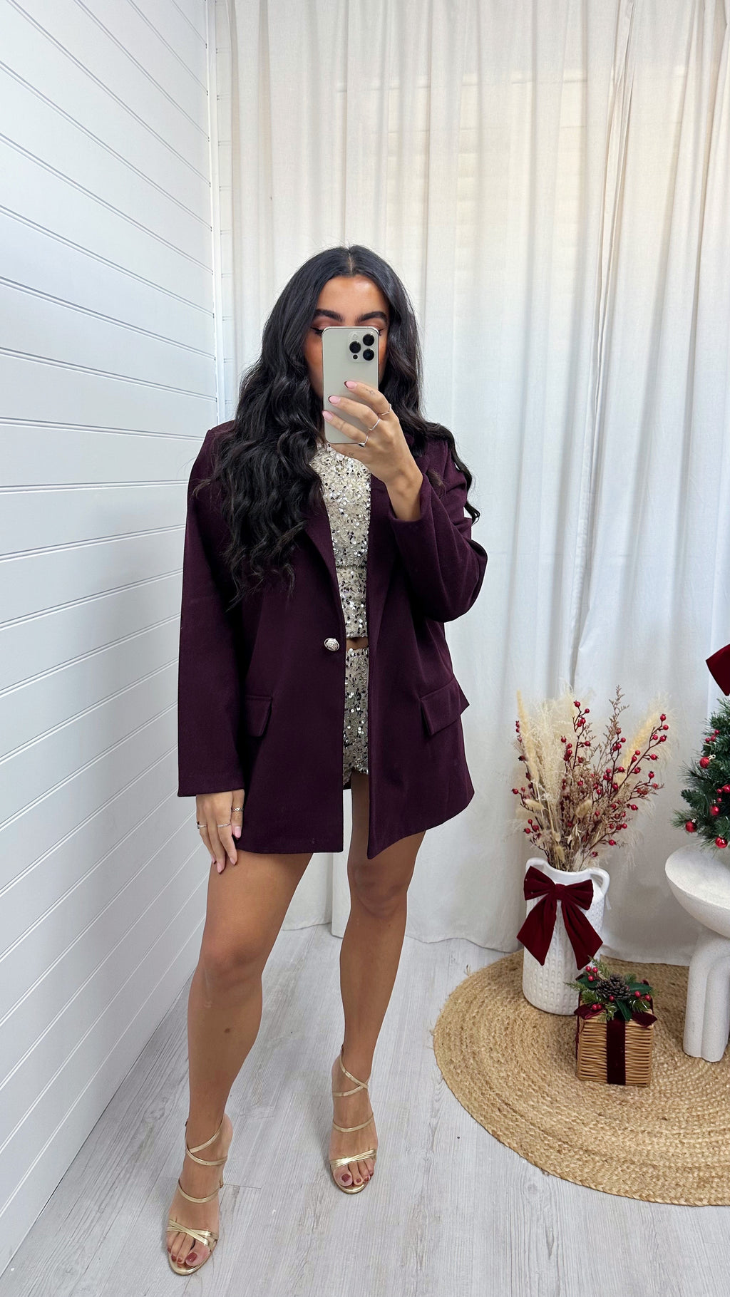 Tweed Oversized Boyfriend Blazer - BURGUNDY