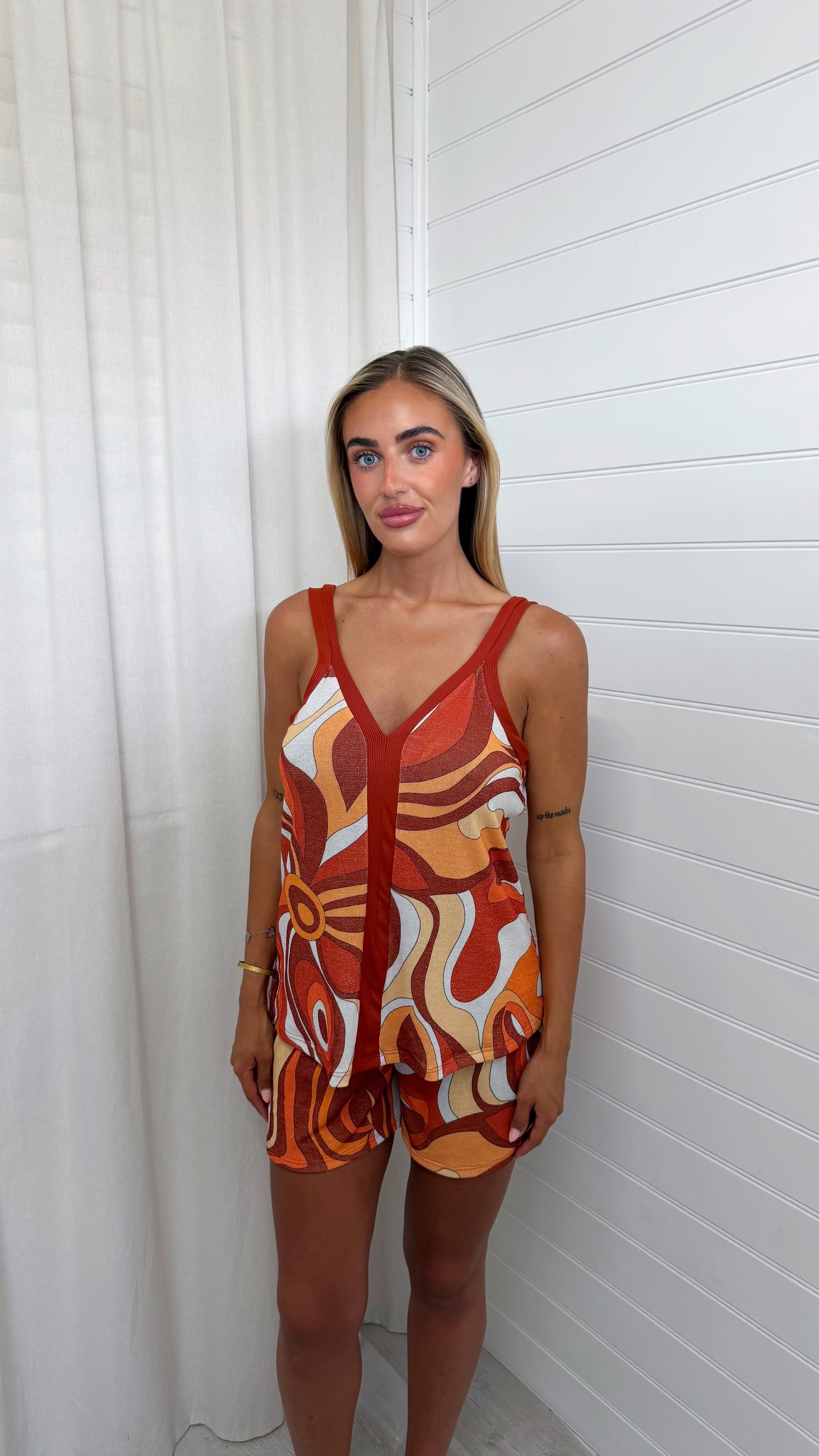 Swirly Shimmer Vest Top and Shorts Co-Ord - ORANGE