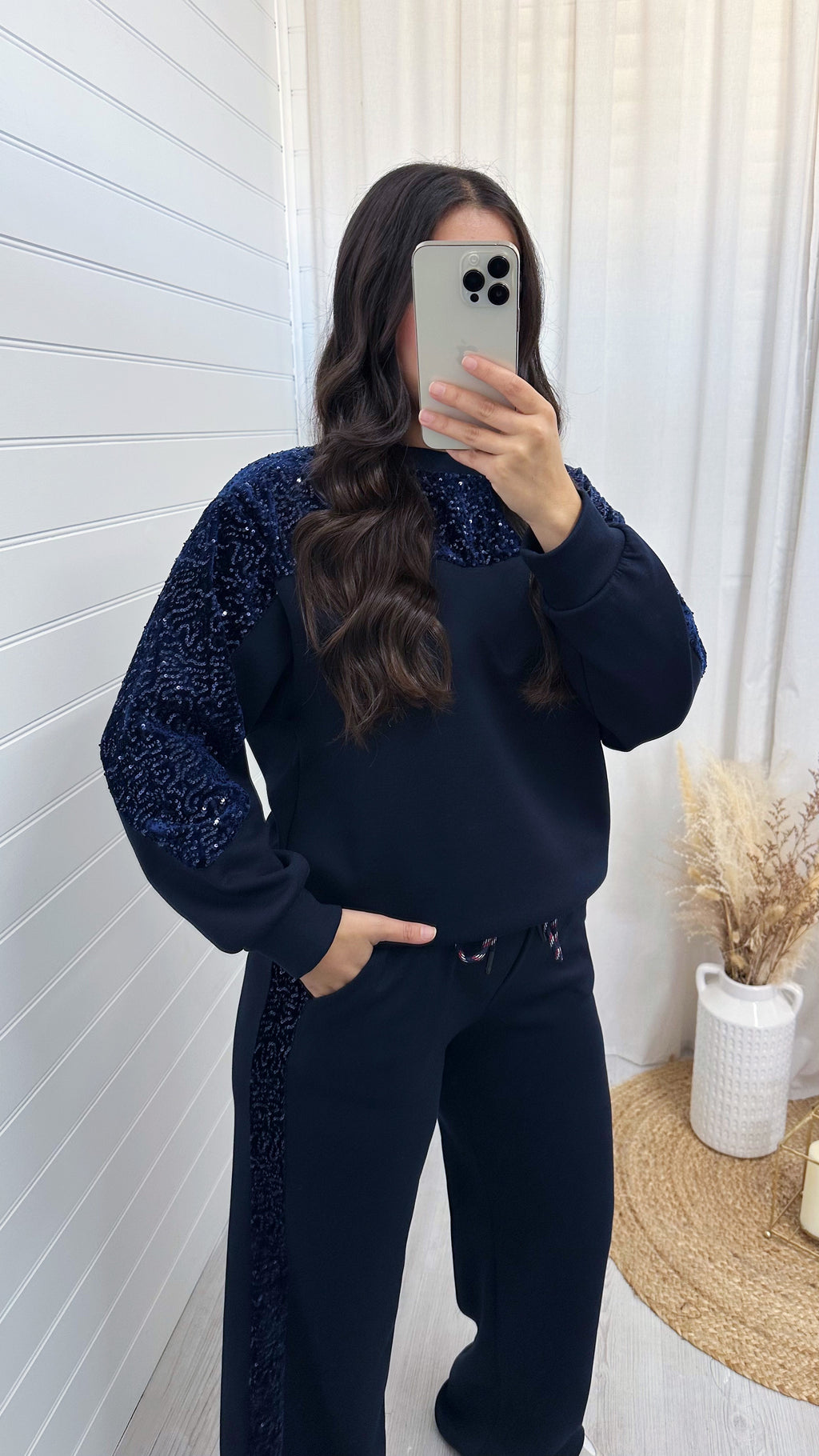 Sequin Sleeve Sweatshirt and Joggers Tracksuit - NAVY