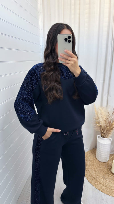 Sequin Sleeve Sweatshirt and Joggers Tracksuit - NAVY
