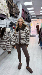 Faux Fur Collar Aztec Print Cardigan - BROWN