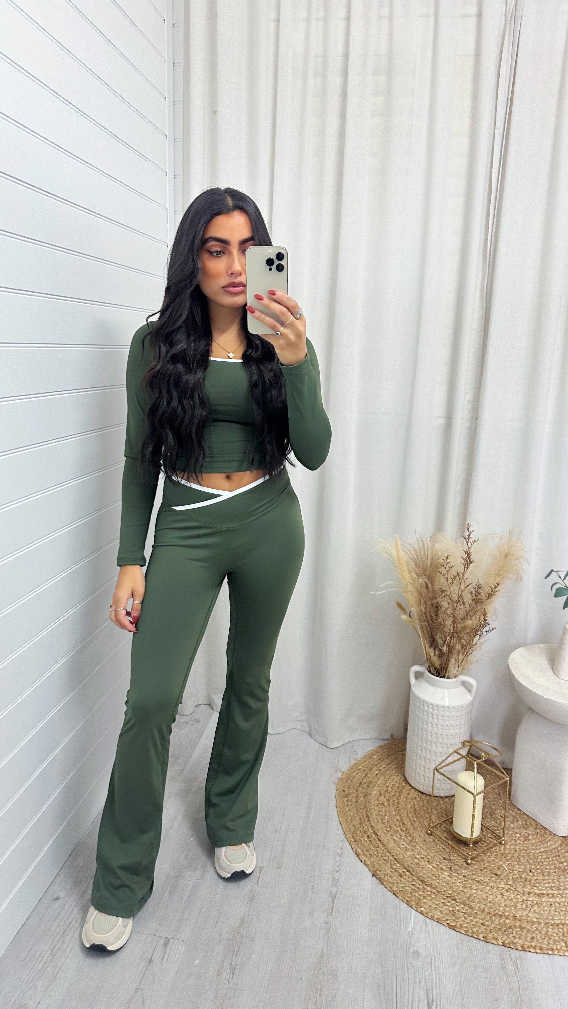 Long Sleeve Top and Wrap Over Flares Gym Set - KHAKI