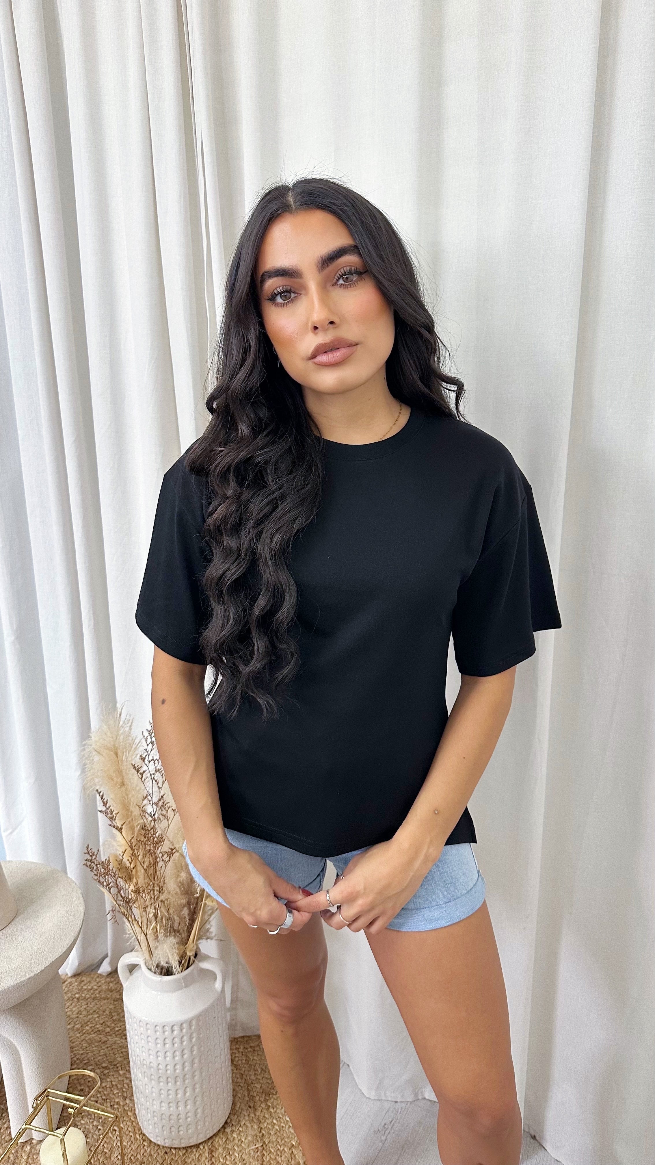 Hourglass Side Slit Soft Cotton T-Shirt - BLACK