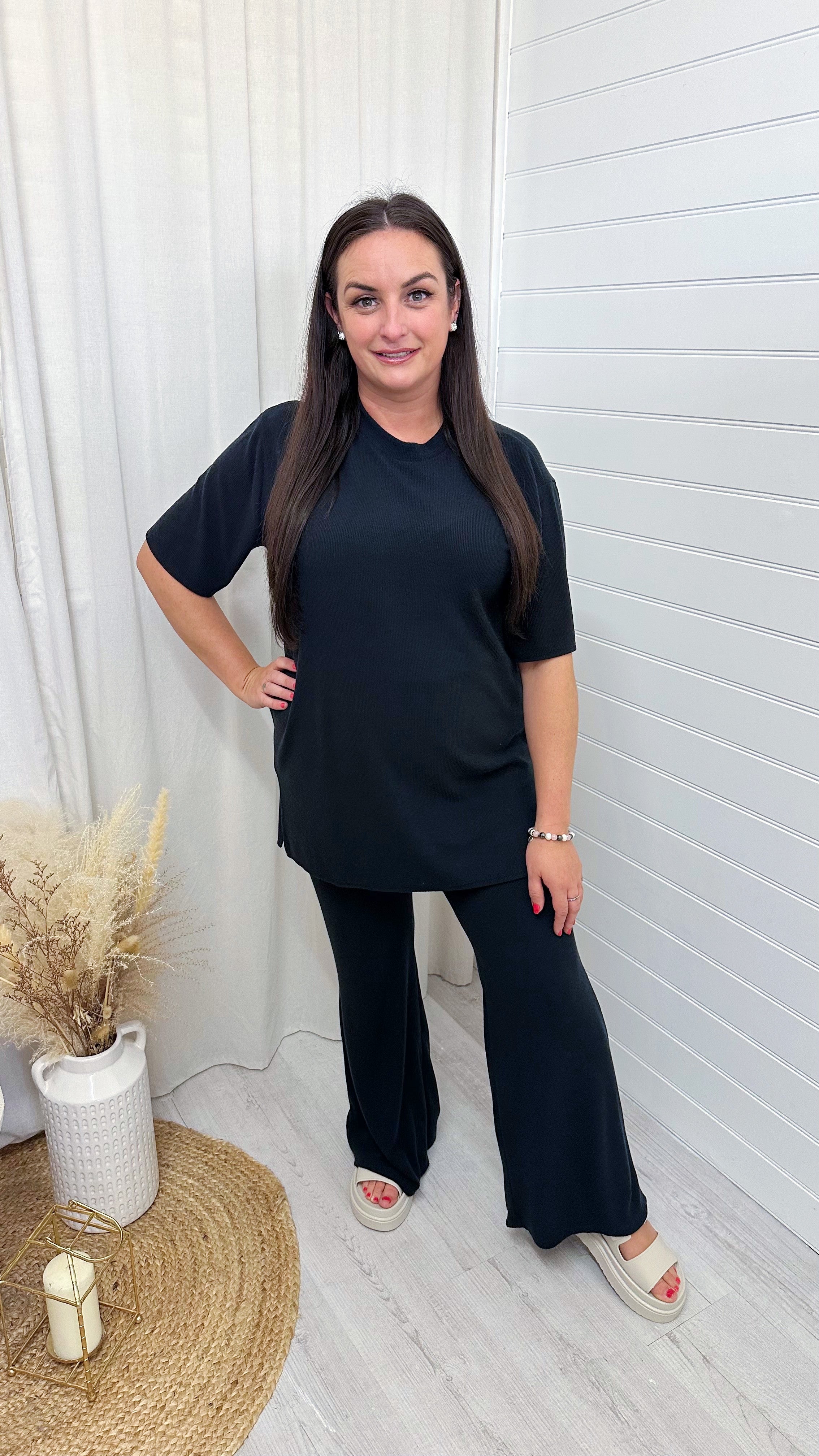 PLUS Soft Premium Ribbed T-Shirt and Straight Leg Trousers Co-Ord - BLACK