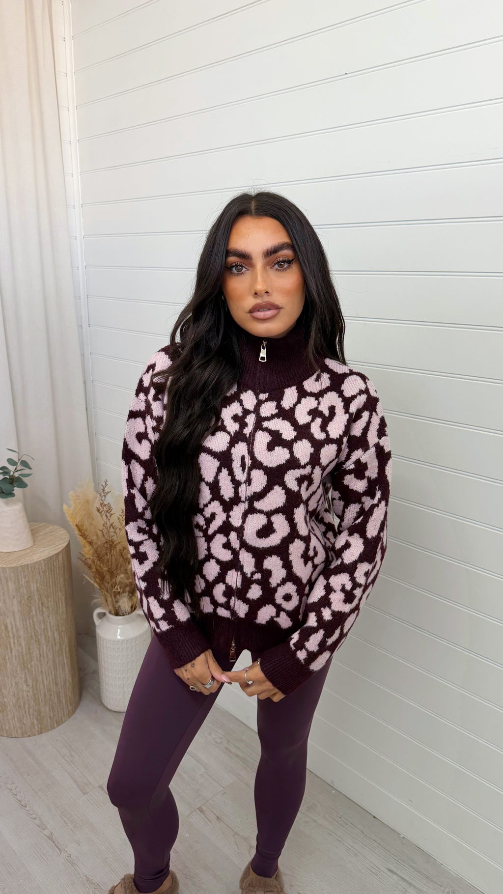 Leopard Print Knitted Jacket - BURGUNDY/PINK