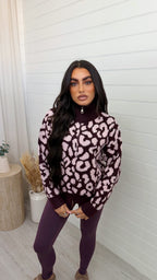 Leopard Print Knitted Jacket - BURGUNDY/PINK
