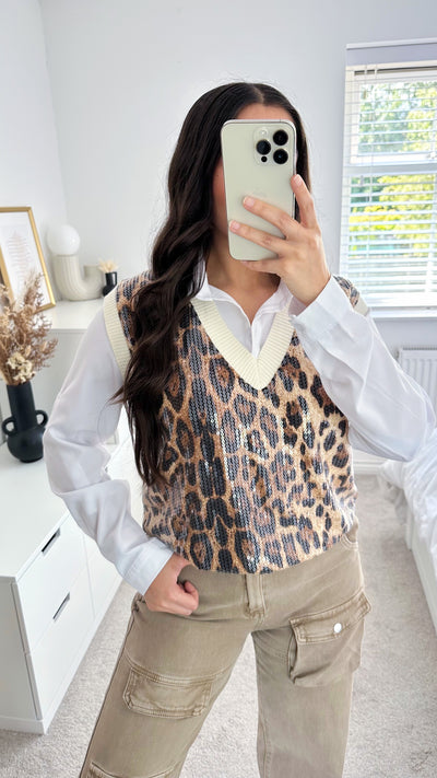 Leopard Print Sequin Sweater Vest