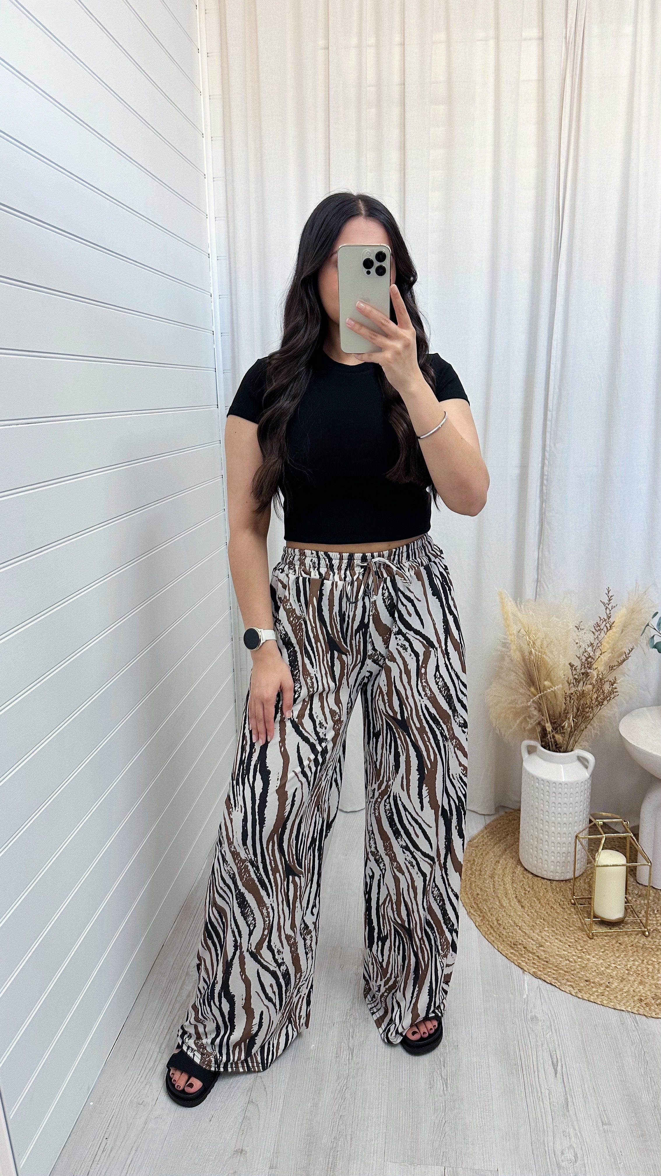 Stretchy Wide Leg Tiger Print Trousers