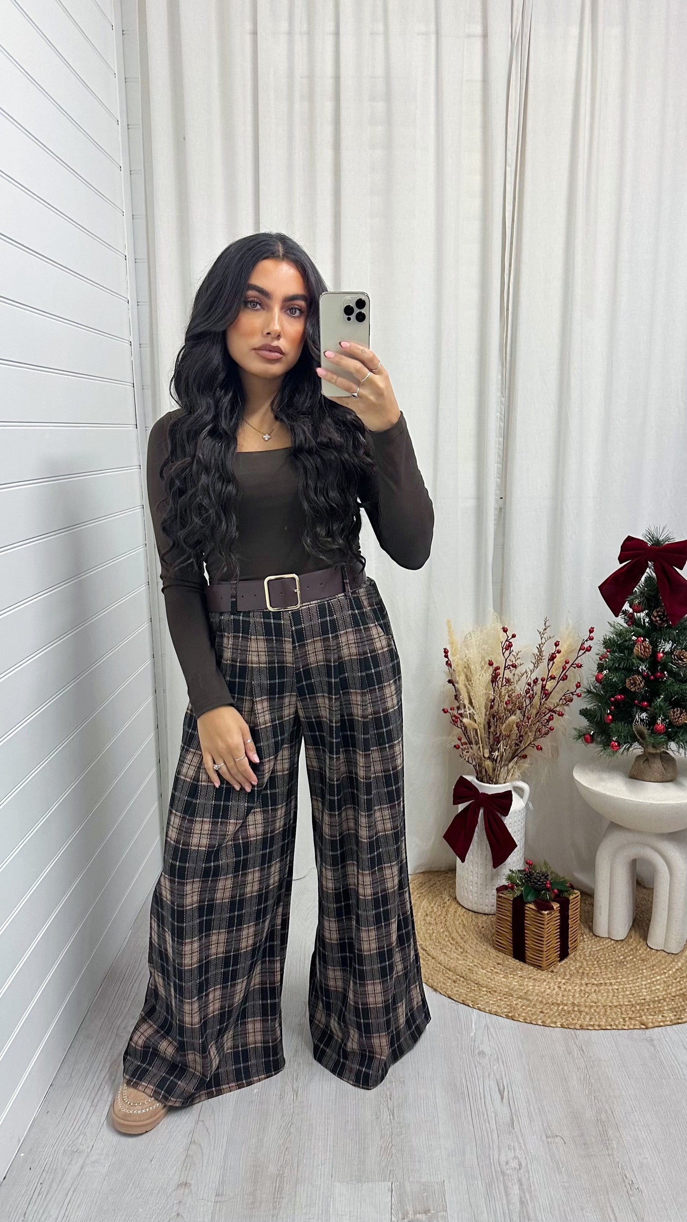 Checked Wide Leg Flannel Trousers with Chunky Belt - BROWN