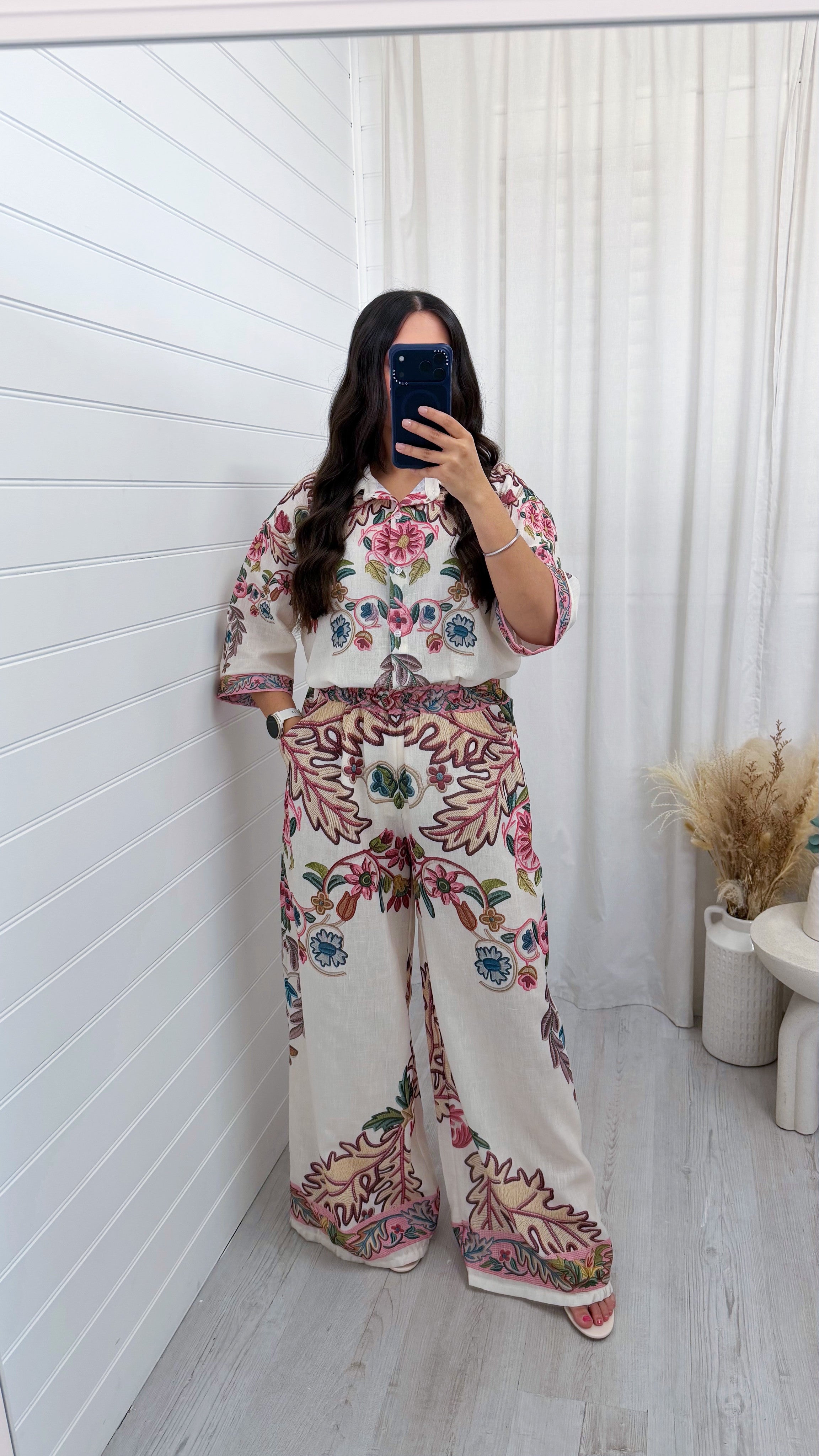 Linen Floral Print Shirt and Wide Leg Trousers Co-Ord - PINK