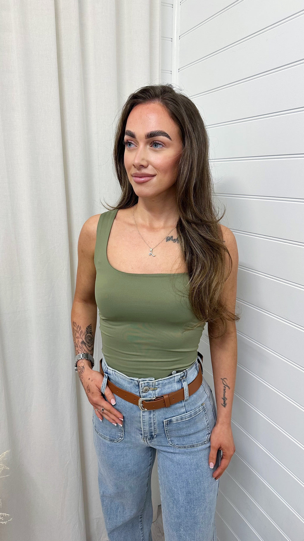 Basic Square Neck Vest Top - KHAKI