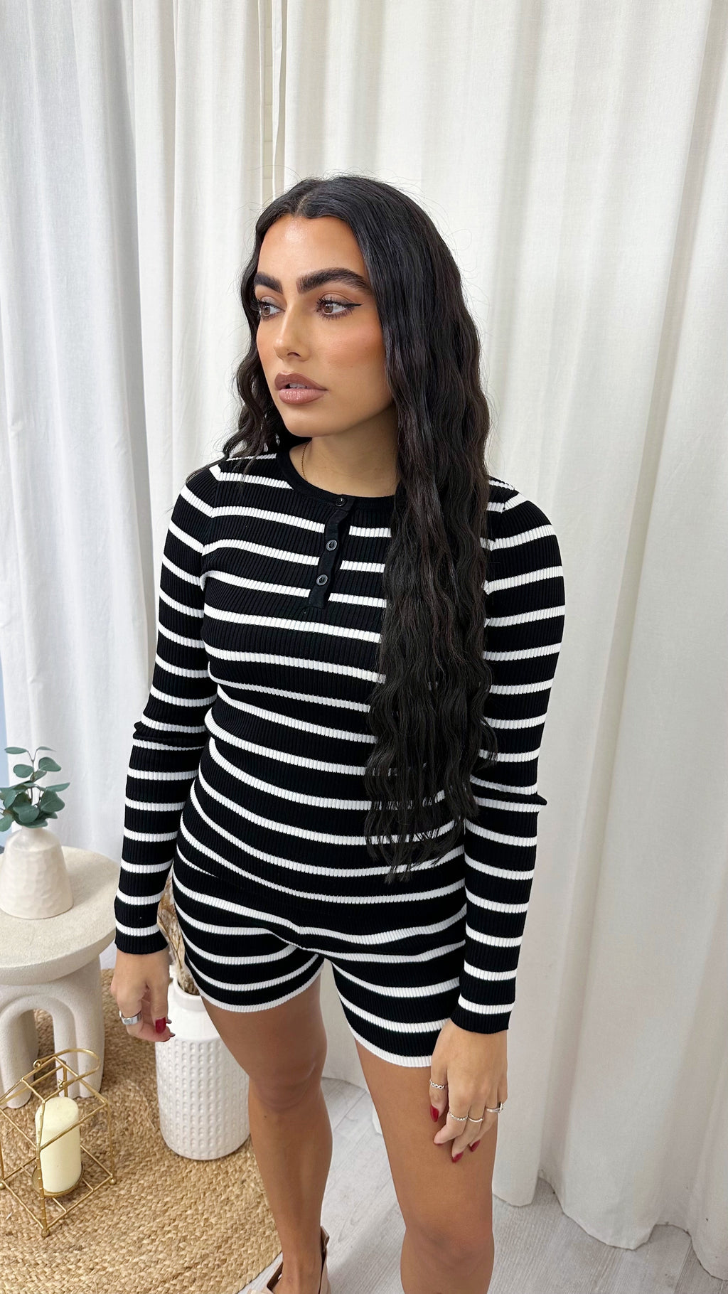 Ribbed Knit Stripey Top and Shorts Co-Ord - BLACK