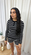 Ribbed Knit Stripey Top and Shorts Co-Ord - BLACK