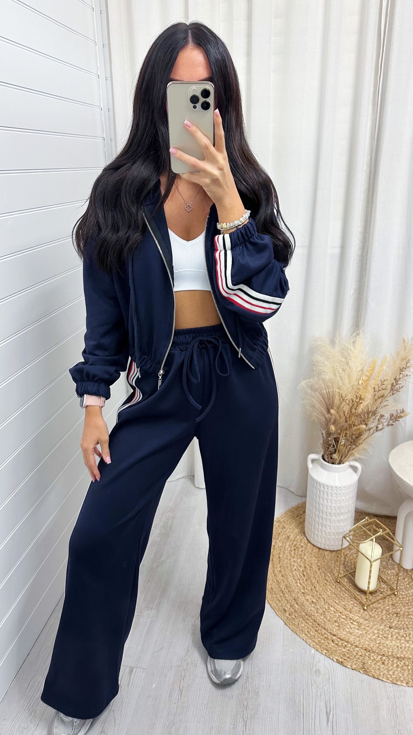 Retro Side Stripe Bomber Jacket and Joggers Tracksuit - NAVY