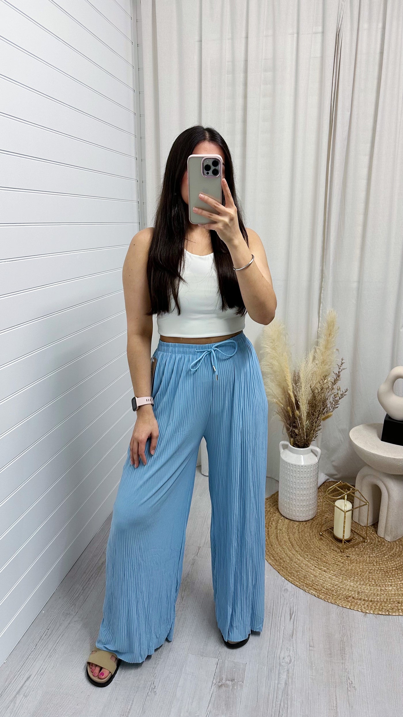 Plain Pleated Wide Leg Trousers - SKY BLUE