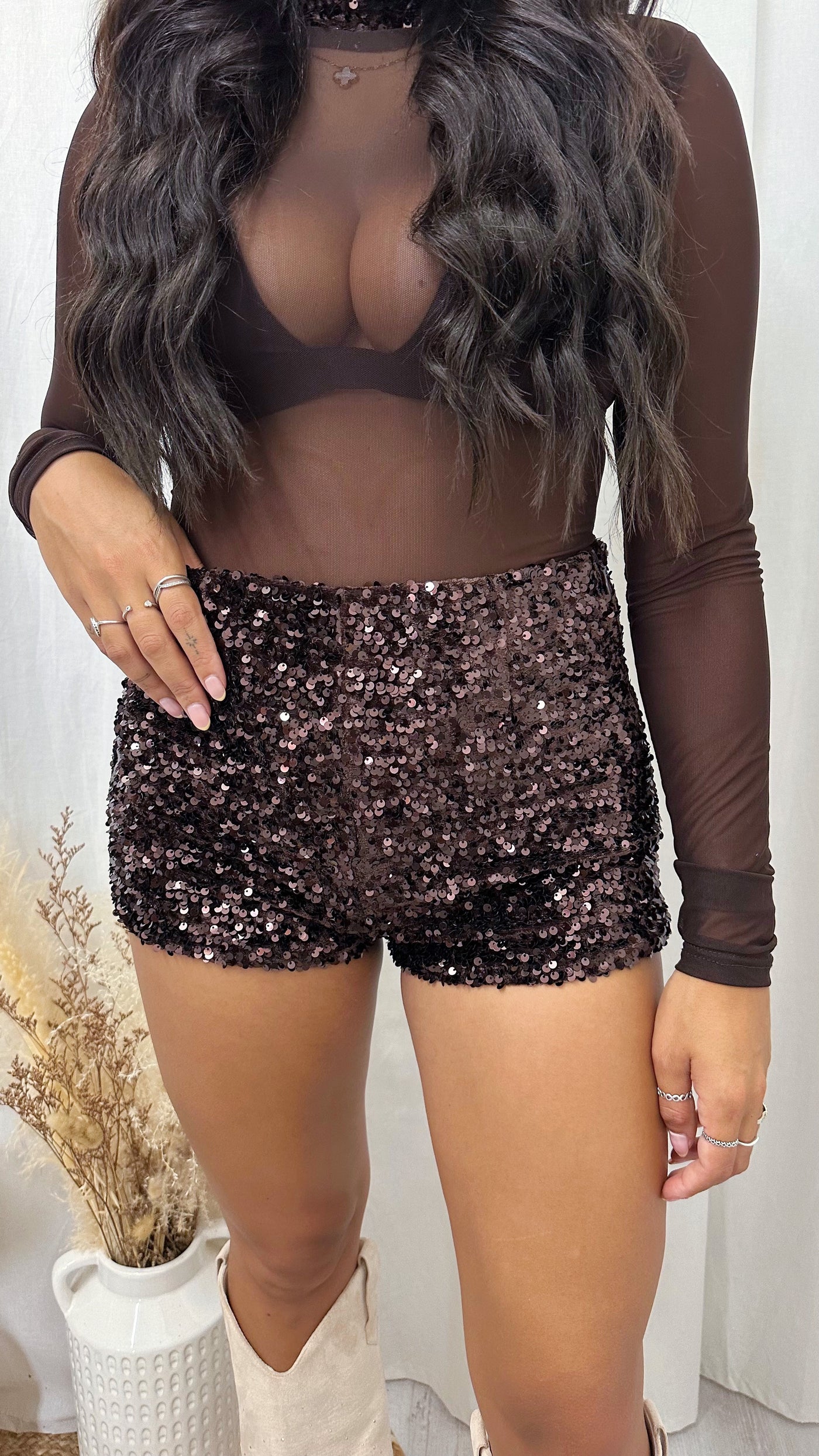 Sequin Velvet High Waisted Shorts - BROWN