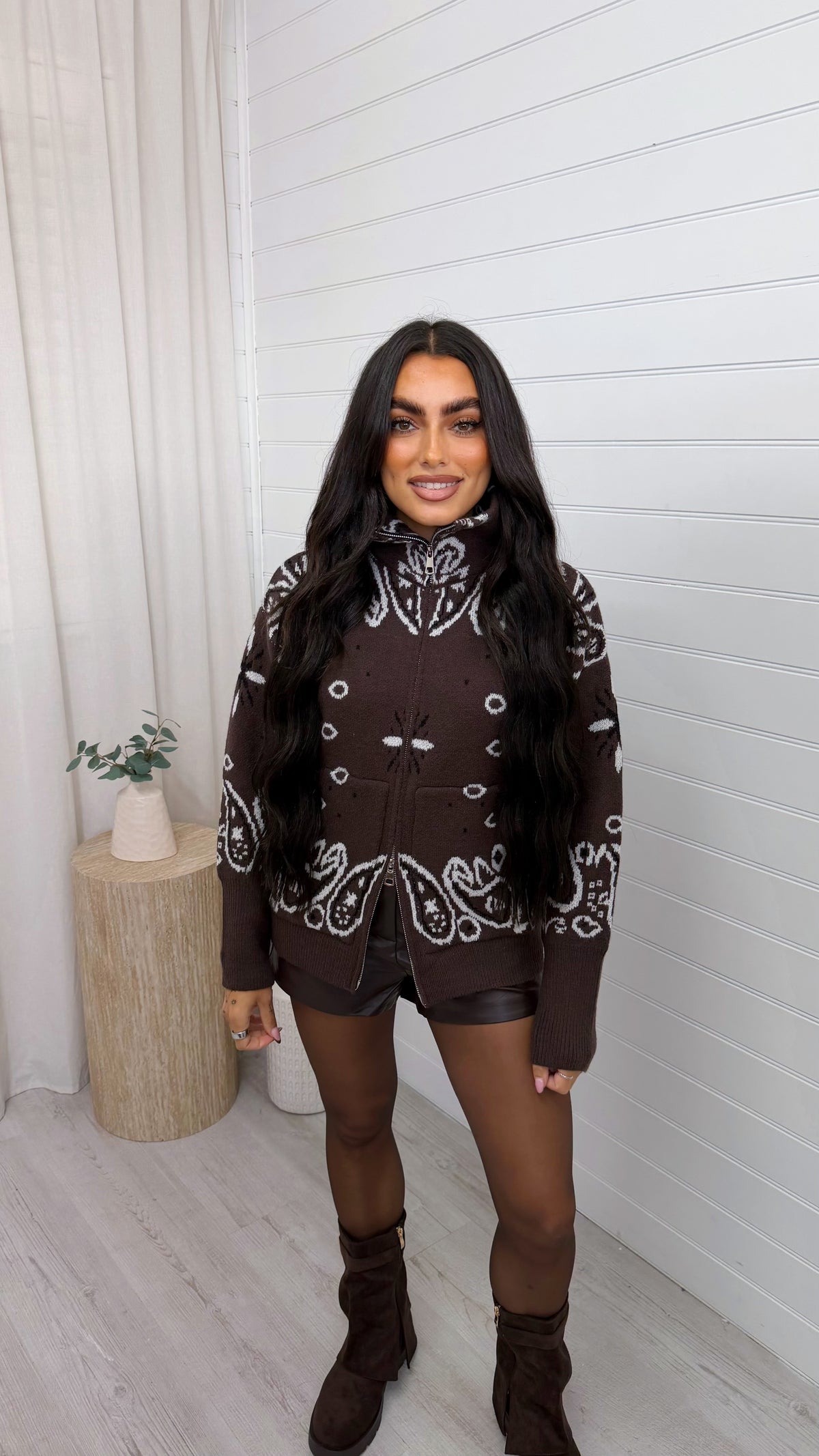 High Neck Paisley Knitted Jacket - BROWN