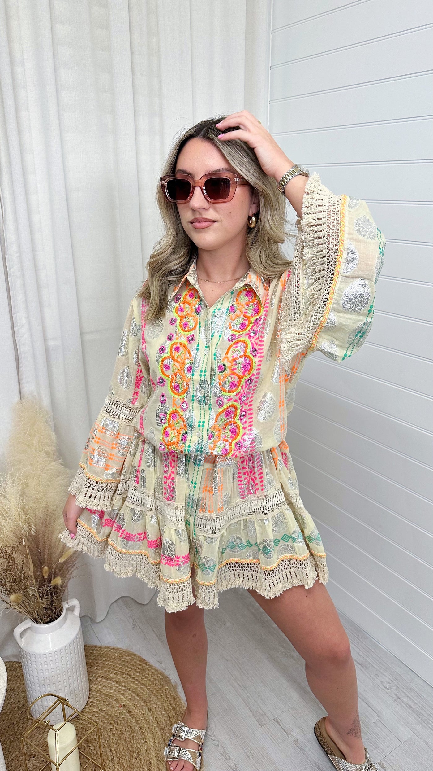 Foil Leaf Print Beaded Boho Dress - LEMON