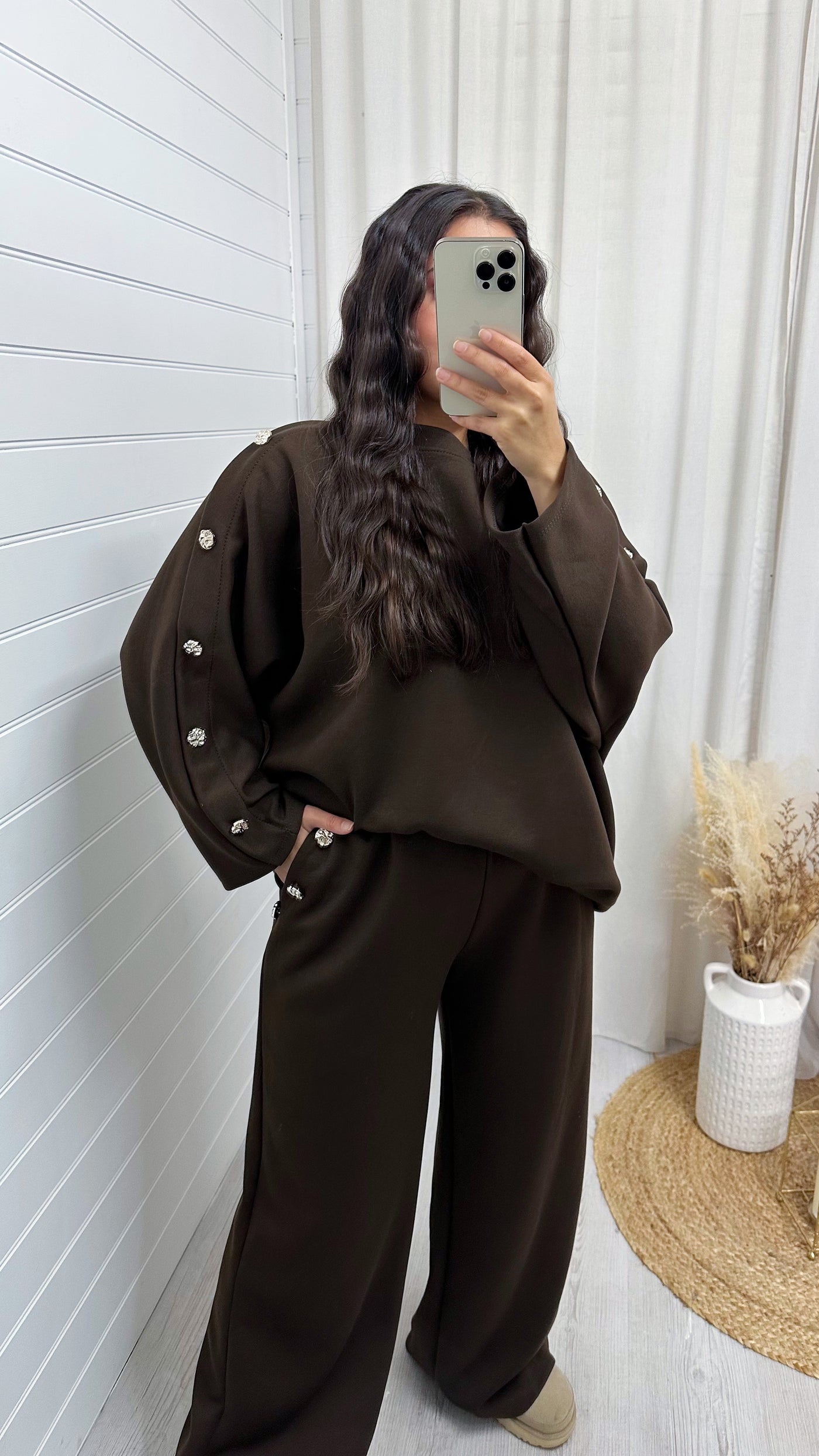 Long Sleeve Gold Button Detail Top and Trousers Co-Ord - BROWN