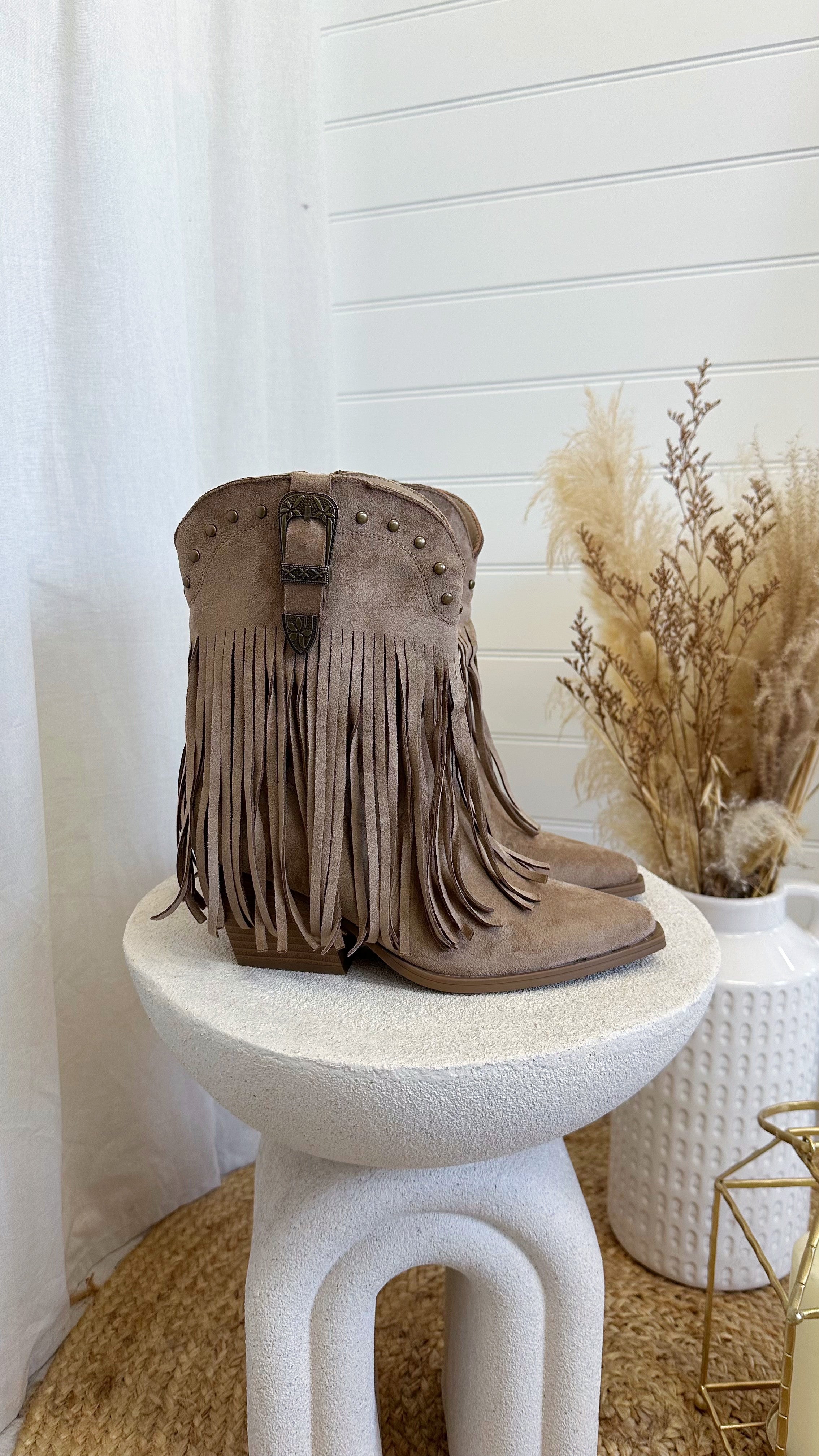 Western Fringe Cowboy Boots - TAUPE