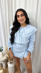 Frill Collar Ruched Sleeve ShirT - BABY BLUE