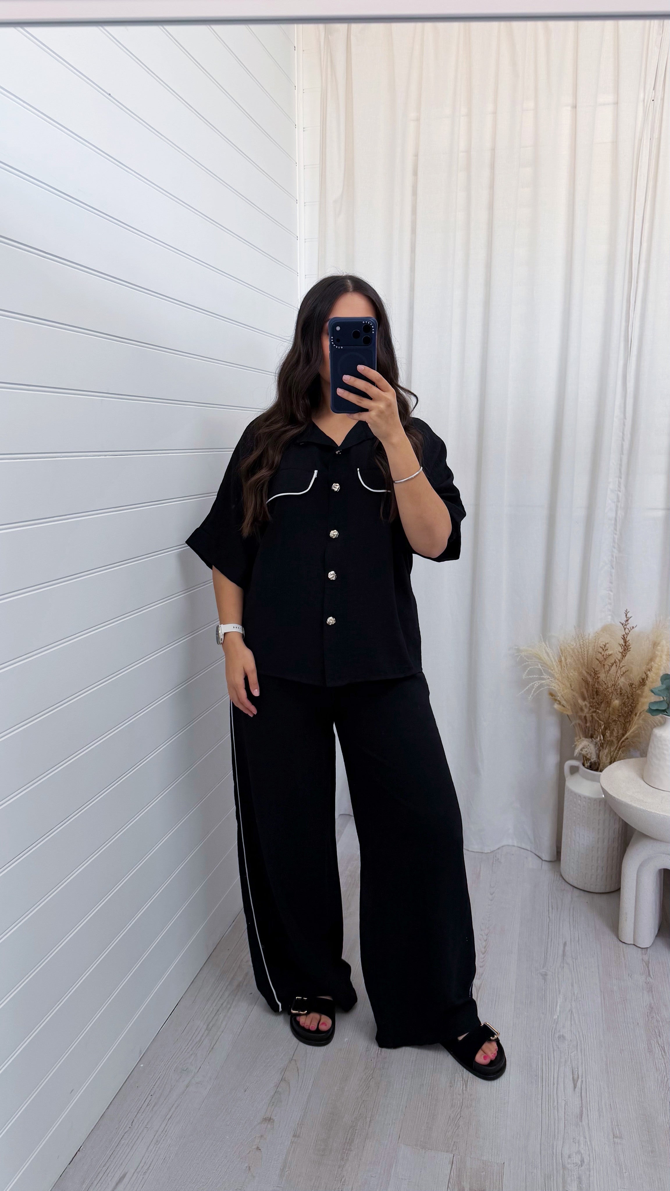 White Piped Shirt and Trousers Co-Ord - BLACK