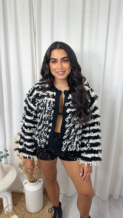 Loop Tassel Chunky Knitted Stripe Cardigan - BLACK