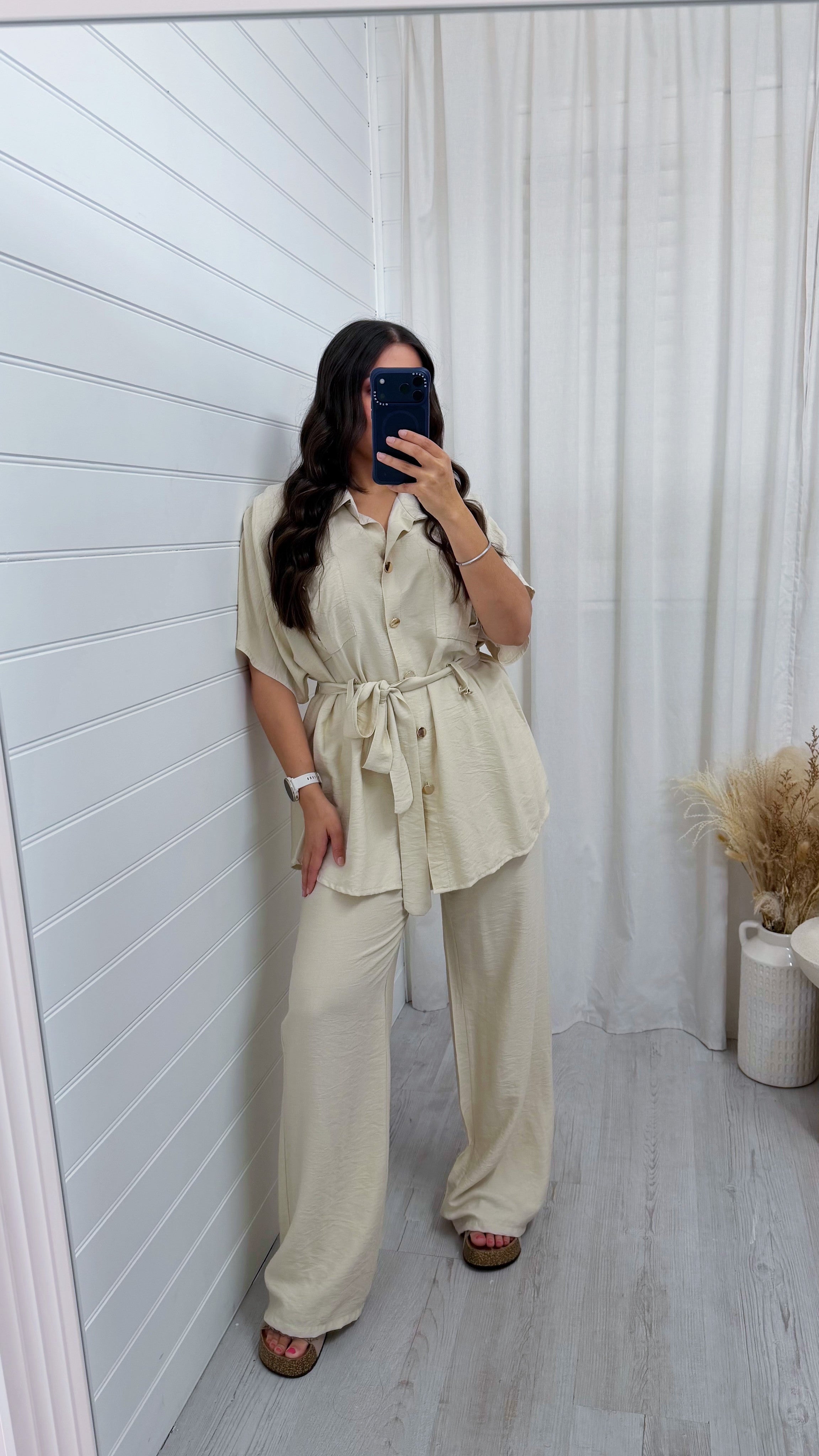 Gold Button Belted Shirt and Trousers Co-Ord - LIGHT BEIGE