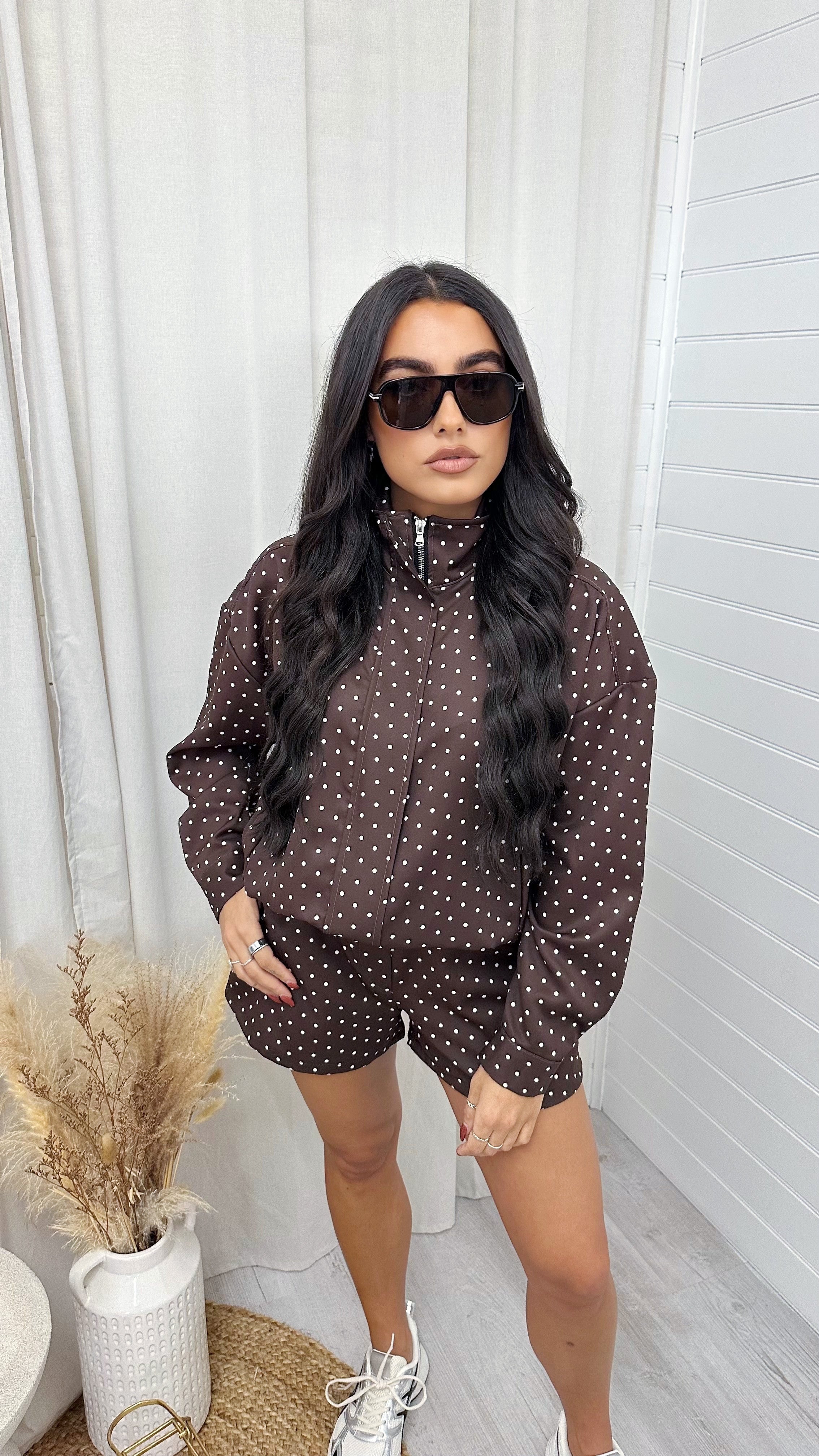 Polka Dot Bomber Jacket and Shorts Co-Ord - BROWN