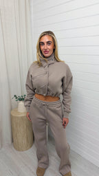 Funnel Neck Crop Jacket and Joggers Tracksuit - DOVE GREY
