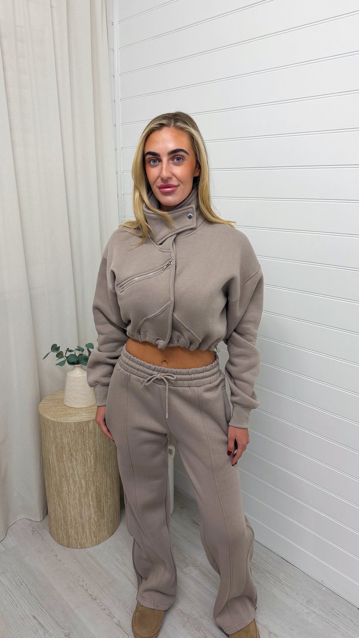 Funnel Neck Crop Jacket and Joggers Tracksuit - DOVE GREY
