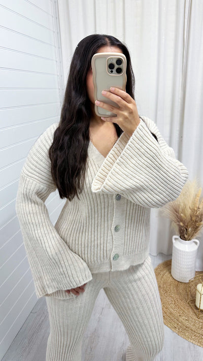 Chunky Knit Cardigan and Flares Co-Ord - BEIGE