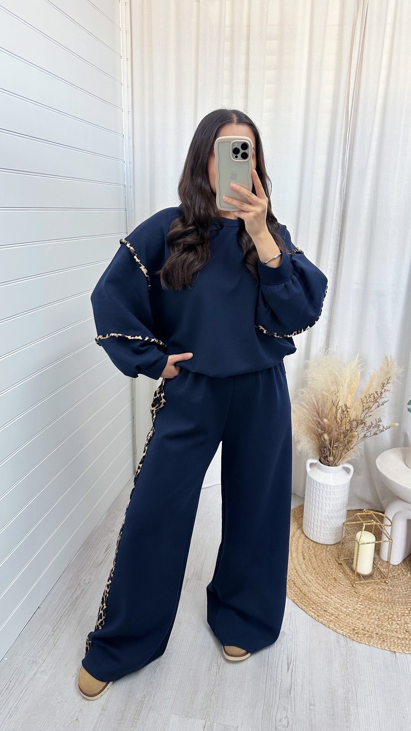 Balloon Sleeve Leopard Trim Sweatshirt and Wide Joggers Co-Ord - NAVY