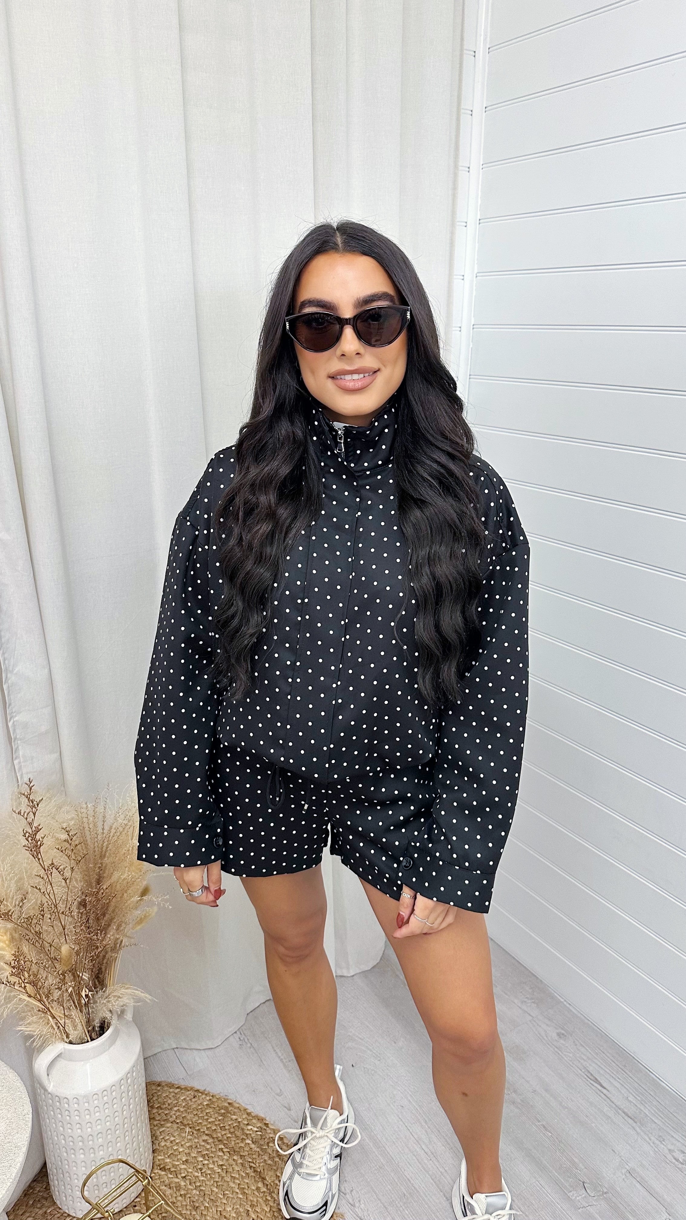 Polka Dot Bomber Jacket and Shorts Co-Ord - BLACK