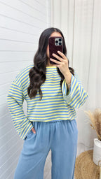 Baggy Stripe Long Sleeve T-Shirt - BABY BLUE/LEMON