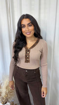 V Neck Leopard Trim Ribbed Jumper - TAUPE