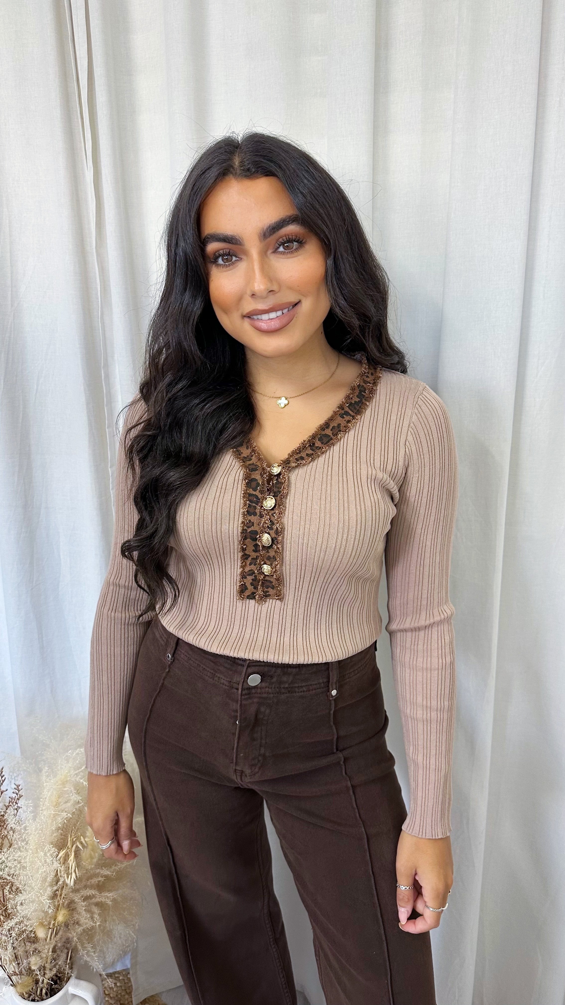 V Neck Leopard Trim Ribbed Jumper - TAUPE