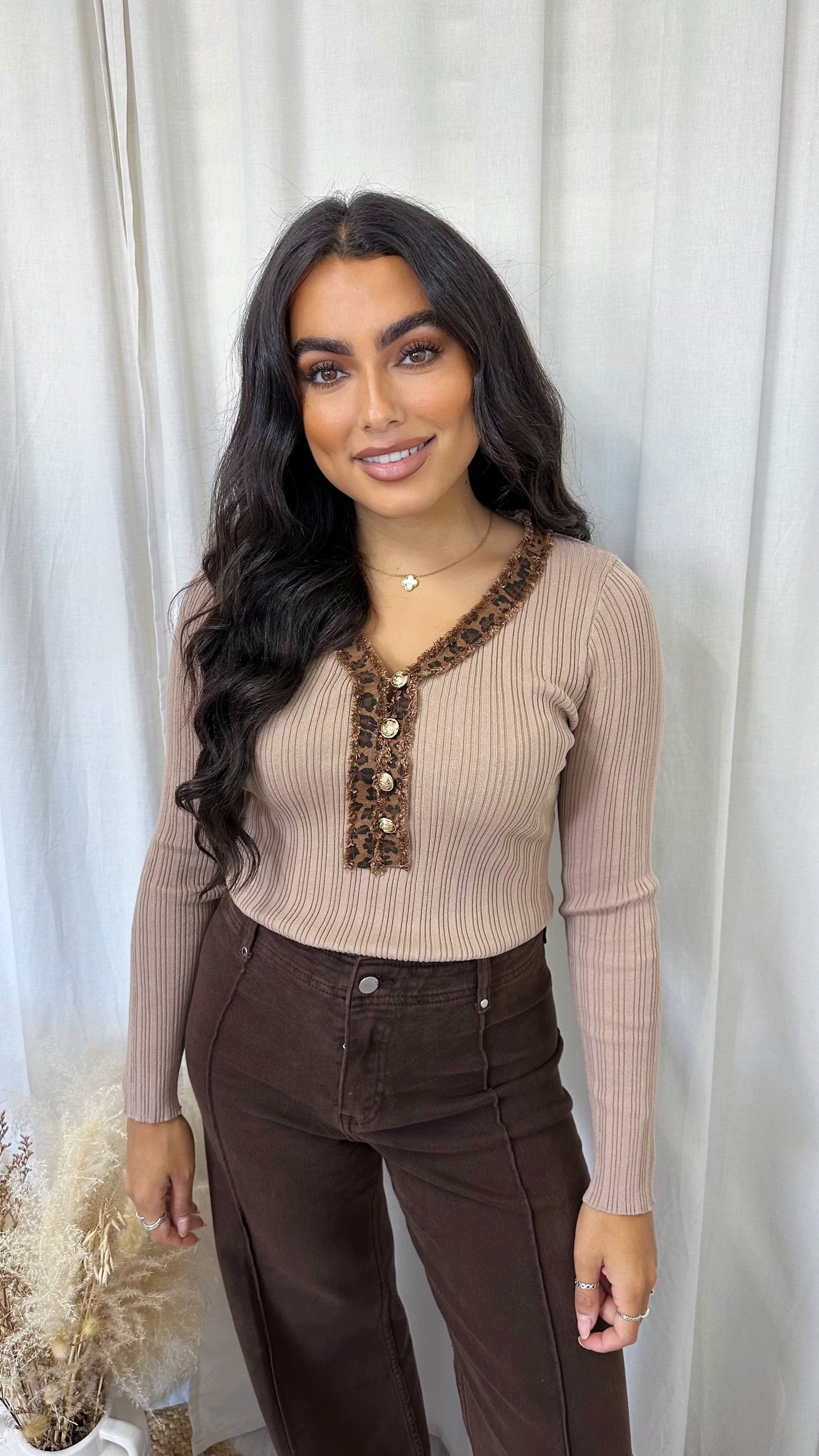 V Neck Leopard Trim Ribbed Jumper - TAUPE