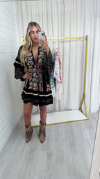 Sequin Gold Embroidered Boho Dress - BLACK