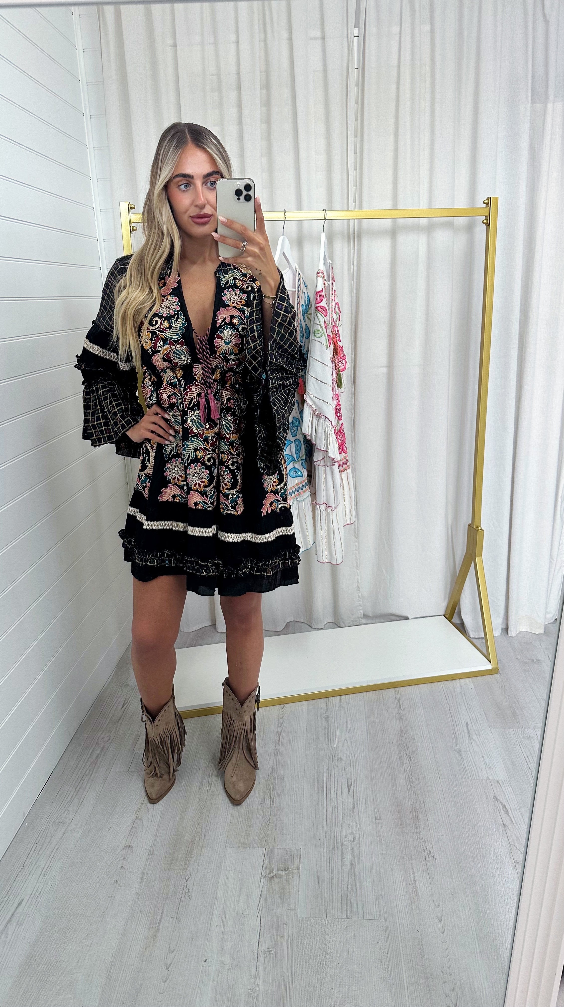 Sequin Gold Embroidered Boho Dress - BLACK