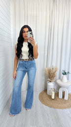 Raw Hem Flared Front Pocket Jeans - WASHED BLUE