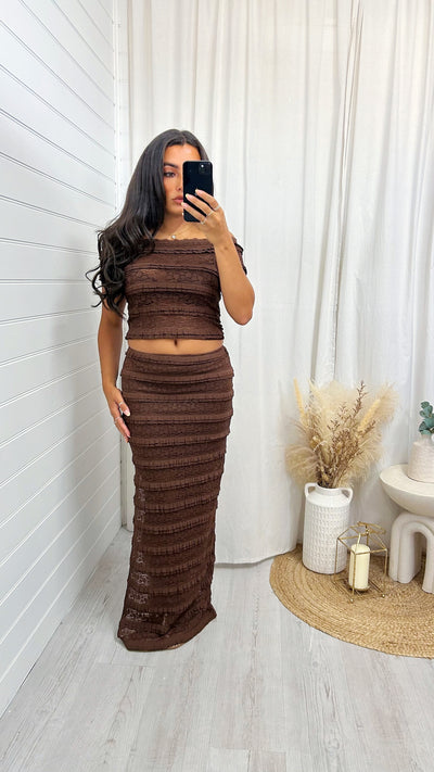 Lace Panel Bardot Top and Maxi Skirt - BROWN